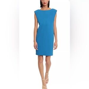 Donna Morgan Pippa Sleeveless Shift Dress Deep V Back in Ocean Blue Sz 14